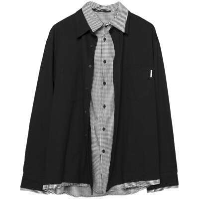 格子撞色拼接假两件长袖衬衫男