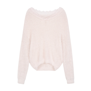 李瑞同款Kleesier韩国代购正品针织拼蕾丝休闲百搭宽松一字领毛衣