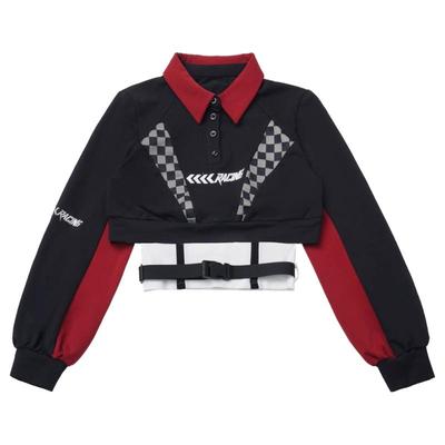 现货即发【风速飞行】红黑拼接棋盘格机车服上衣牛仔裤套装显瘦