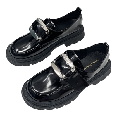 法式赫本风黑色厚底高跟乐福鞋