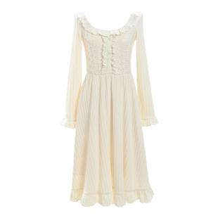 森女部落甜美秋冬打底仙女裙子花边方领气质淑女长裙连衣裙女新款