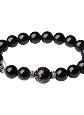 天然黑曜石手链2025新款檀珠纯银