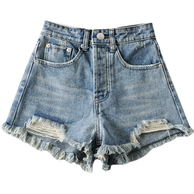 a字高腰牛仔短裤水洗牛仔