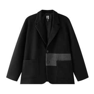 半墨大码男装短款毛呢西服男秋季宽松胖子撞色拼接休闲西装外套潮
