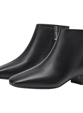 KISSCAT接吻猫简约百搭短靴真皮小方头舒适黑色时装靴踝靴女