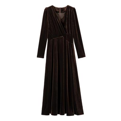 晚白纯色高腰大摆丝绒连衣裙