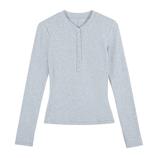 MULVAN 精简衣橱 基础亨利领长袖T恤女纯色半开领打底针织衫上衣