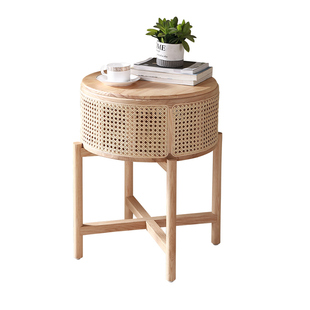 原木藤编小茶几北欧简约实木藤角几沙发边柜边几创意可储物小桌子