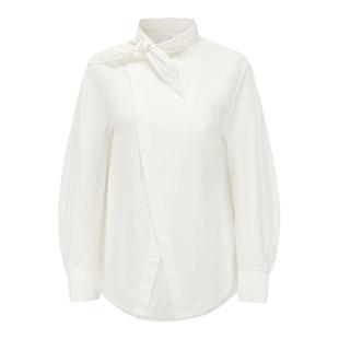 【SALE】【deepmoss】设计感女士时尚休闲白色丝巾结交叠衬衫上衣