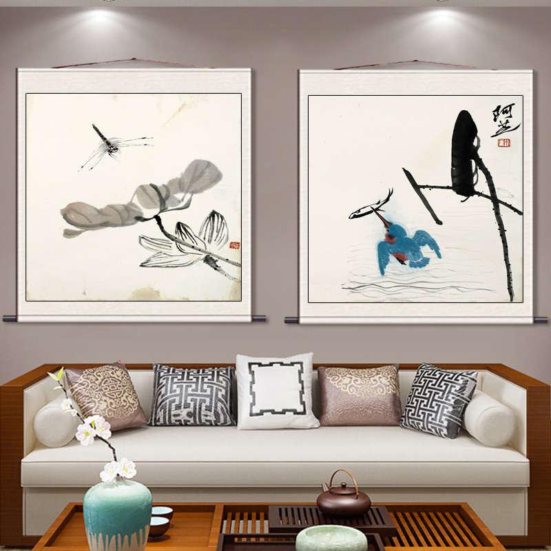 齐白石斗方挂画卷轴画丝绢画宣纸仿古画对虾图荷花蜻蜓简约画国画