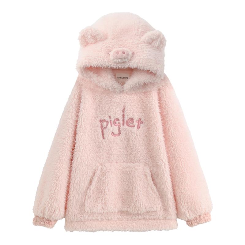 森女部落甜美萌趣小猪连帽绒衫女新款设计感刺绣宽松百搭卫衣冬季