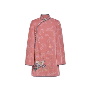 lefame拉飞姆春秋丝绒绣花烫钻斜开襟新中式旗袍连衣裙女