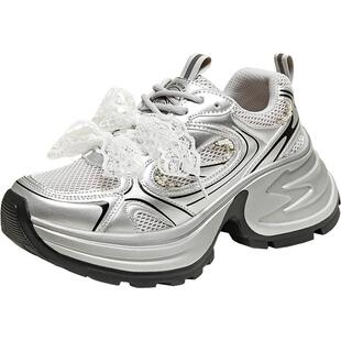 百思图2025夏季商场新款银色运动老爹鞋厚底增高女休闲鞋D5298BM5