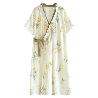 夏季纯棉绉布女长款汉服睡袍
