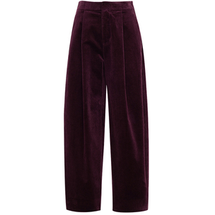 夏莫卡灯芯绒九分裤时髦复古酒红色裤子女新款显瘦直筒条绒裤7795