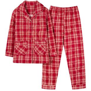 圆人睡衣女秋冬款纯棉夹棉加厚格子结婚红色本命年大码家居服套装