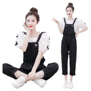 夏季薄款工装牛仔背带裤两件套装宽松韩版女高级感小个子连体长裤