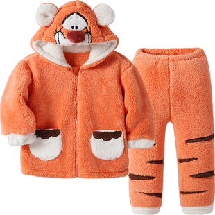 迪士尼内衣儿童家居服跳跳虎连帽三枪内衣舒棉绒男女童保暖睡衣套