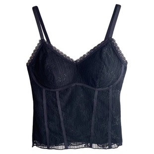 法式蕾丝V领吊带背心内衣女带胸垫一体杯鱼骨内搭纯欲美背文胸罩