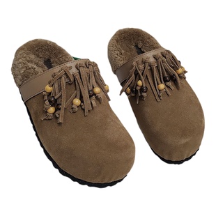 清仓35码真皮流苏包头拖女外穿平跟便捷懒人鞋棕色圆头半拖鞋