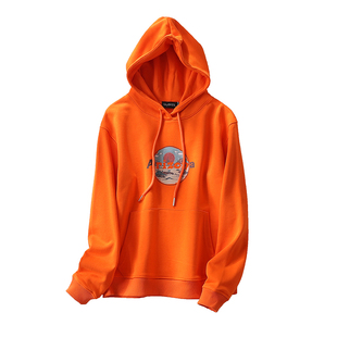 橙红色复古印花连帽卫衣女秋冬2024新款时尚套头宽松长袖短款外套