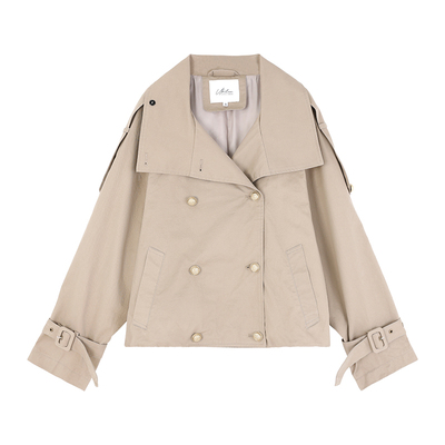 姜雯卡其色立领双排扣风衣外套