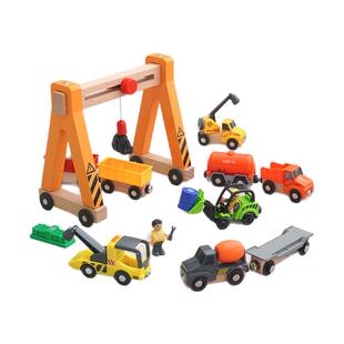 勒酷大号吊车工程车玩具男孩儿童宝宝手推车起重机木质惯性轨道车