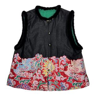 拉贝碧 凤舞九天新中式香云纱下摆拼接刺绣水貂毛夹棉双面马甲