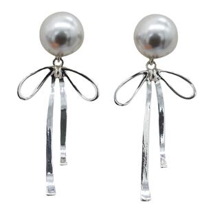 韩版妙龄蝴蝶结耳钉耳夹灰色珍珠长款耳坠超仙耳环气质高级感耳饰