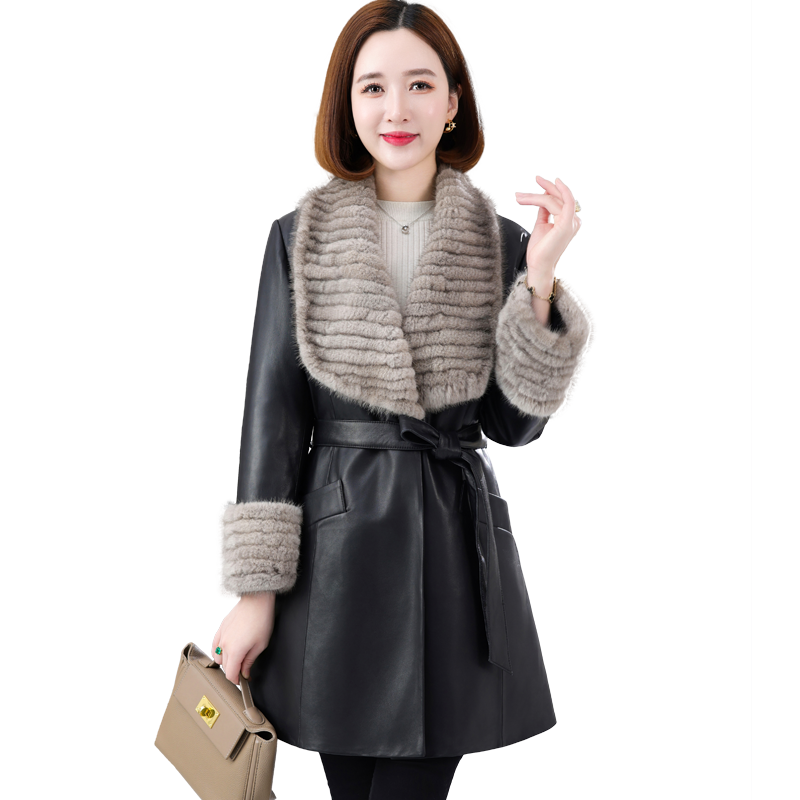 奢华水貂毛领真皮羽绒服女中长
