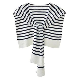 条纹针织坎肩学生搭肩袖假领子打结绑带毛线外搭护颈小披肩春夏季