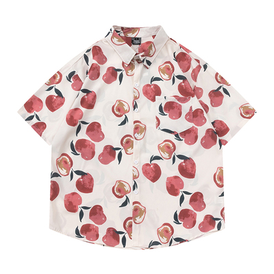 TRAVEL ISLAND 人间水蜜桃 日系趣味创意粉色水蜜桃印花短袖衬衫