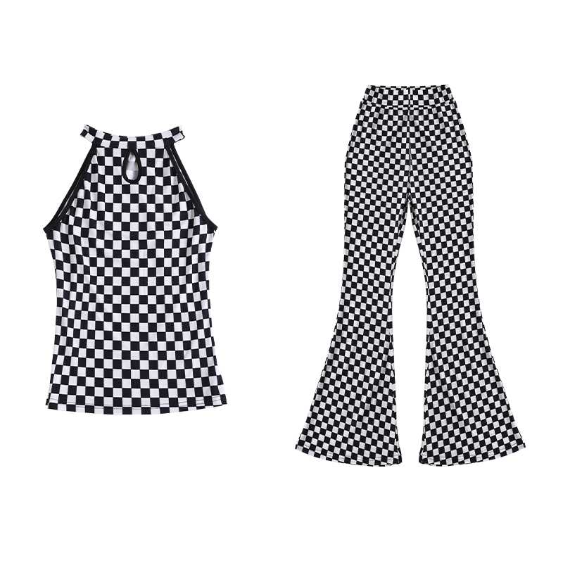 套装新款无袖背心女+时尚喇叭裤瑜伽裤棋盘格印花两件套