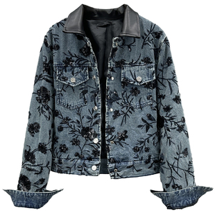 拼接皮领牛仔外套女2025年秋季新款修身显瘦百搭刺绣领片长袖上衣