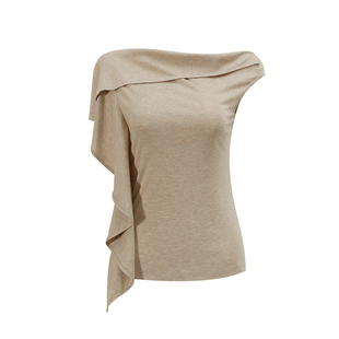 NON RESTRAIN高级感法式荷叶边斜肩T恤女2025夏季气质修身针织衫