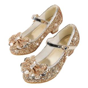 女童高跟鞋2025新款春秋公主鞋圆头表演鞋小女孩金色主持演出鞋子