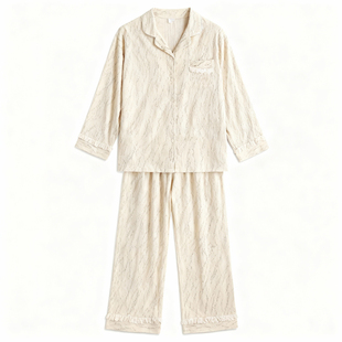 猫人带胸垫一体睡衣女春秋款纯棉长袖条纹家居服2025款可外穿套装