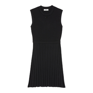 SANDRO春夏女装法式经典黑色假两件百褶无袖圆领针织连衣裙小黑裙
