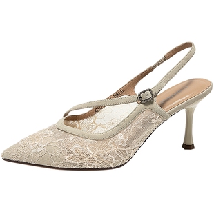 千百度蕾丝时装凉鞋女新款细高跟鞋尖头法式后空凉鞋气质百搭