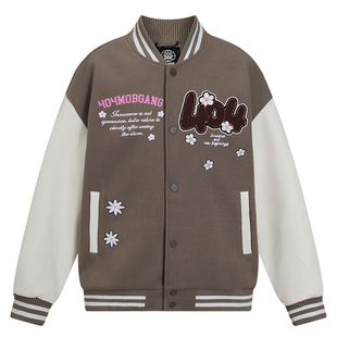 404MOB趣味花卉字母刺绣棒球服女潮牌宽松美式学院情侣夹克厚外套