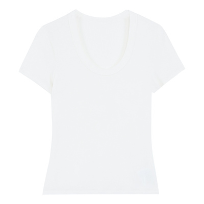 正肩U领白色短袖T恤上衣