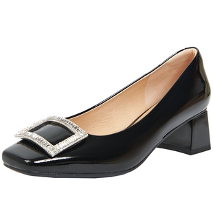 商场同款百田森水钻时装单鞋女春新中粗跟牛漆皮法式皮鞋