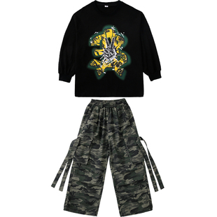 hiphop街舞穿搭上衣宽松女童黑色运动爵士jazz裤子男童嘻哈表演服