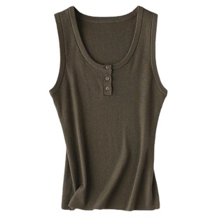 简约纸片人100%澳羊毛U领无袖背心内搭设计感细坑条针织上衣纯色