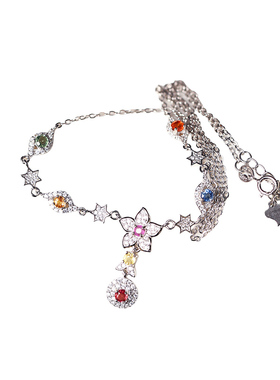 精品彩宝天然彩色蓝宝石纯银镶嵌款项链女款精工银镶嵌宝石饰品