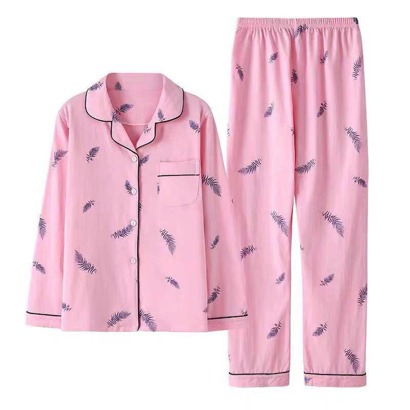 春秋夏季棉质长袖睡衣少女士可爱家居服女宽松薄款开衫套装月子服
