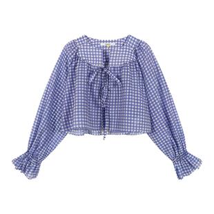 tanni25秋新款甜美复古蓝格子灯笼袖短款天丝上衣TO11BL024A