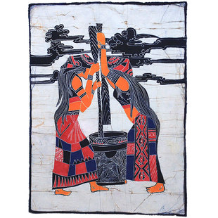 棉布壁挂蜡染画特色手工布画民族餐厅酒吧装饰佤族风格挂画舂米歌