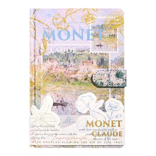 莫奈油画笔记本文艺复古手账本高颜值手帐本女孩本子加厚精装摘抄本精致磁扣本日记本记事本彩页小学生文具