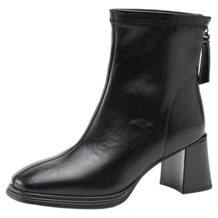 奥康 女鞋2025冬季时装靴酷飒方头粗跟增高职场通勤利落短靴